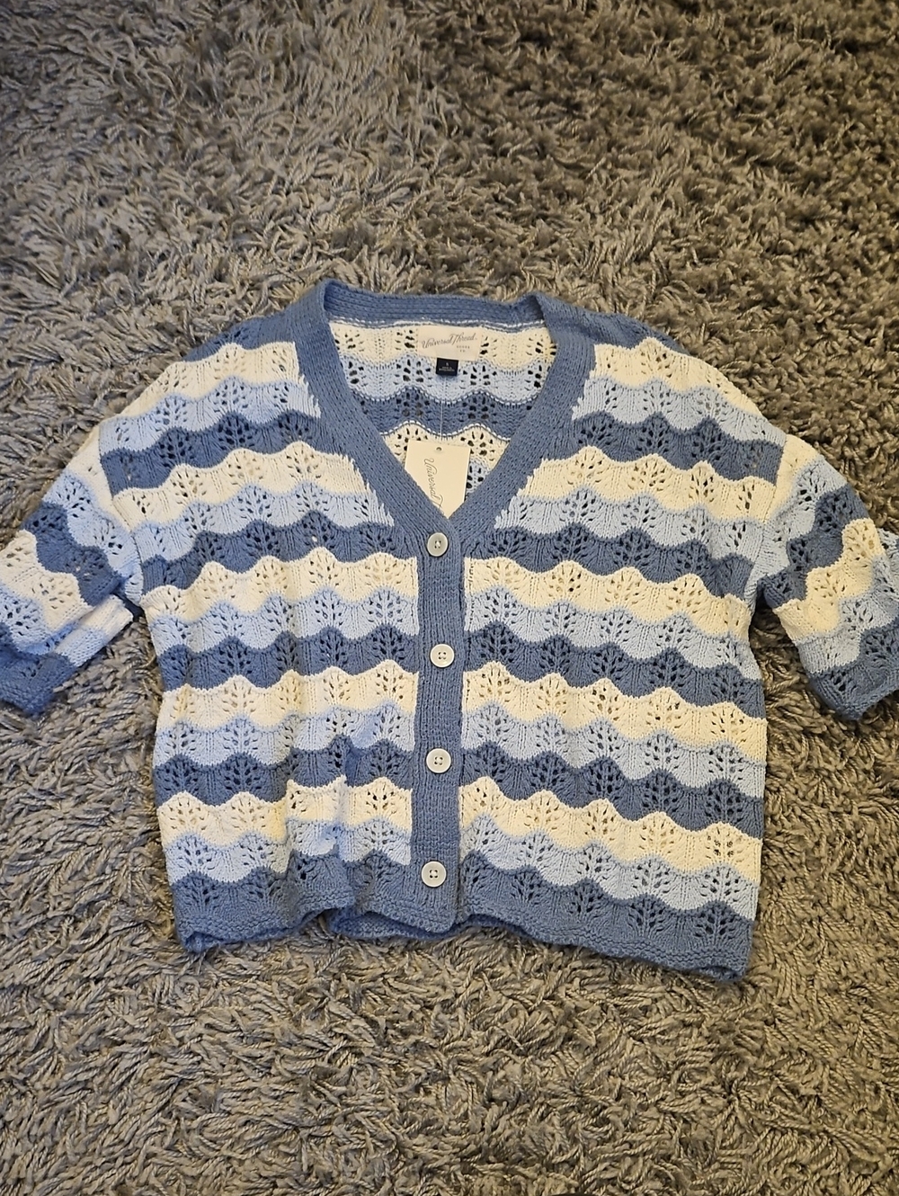 Universal Thread Blue & Cream Crochet Wave-Stripe V-Neck Cardigan